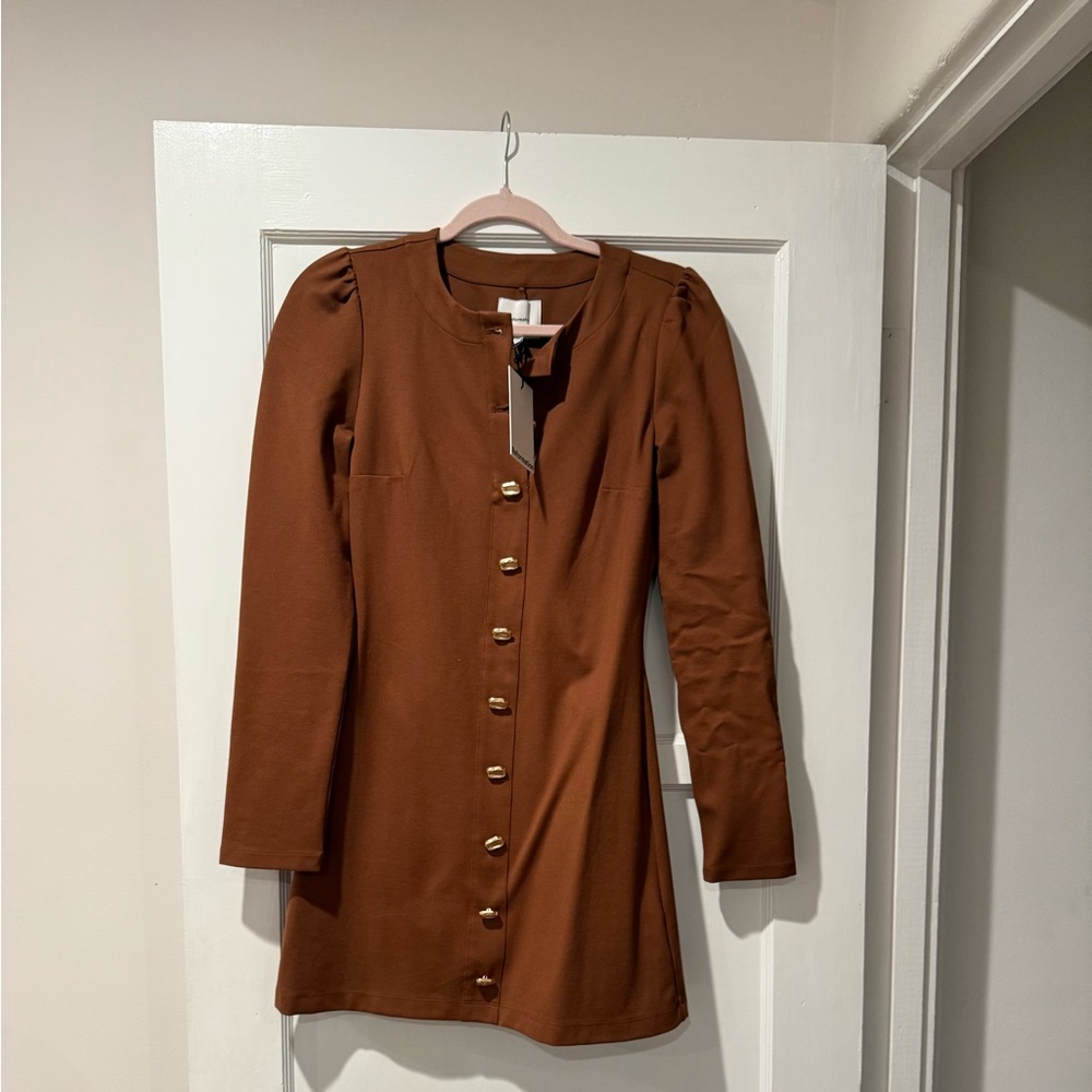Reformation Brown Long Sleeve Dress with Gold Buttons